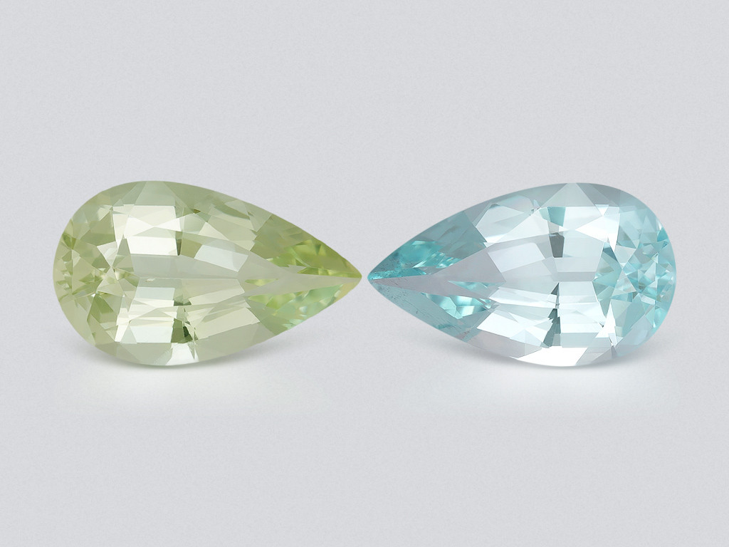 Contrasting pair of aquamarine and heliodor pear cut 4.05 carats, Mozambique