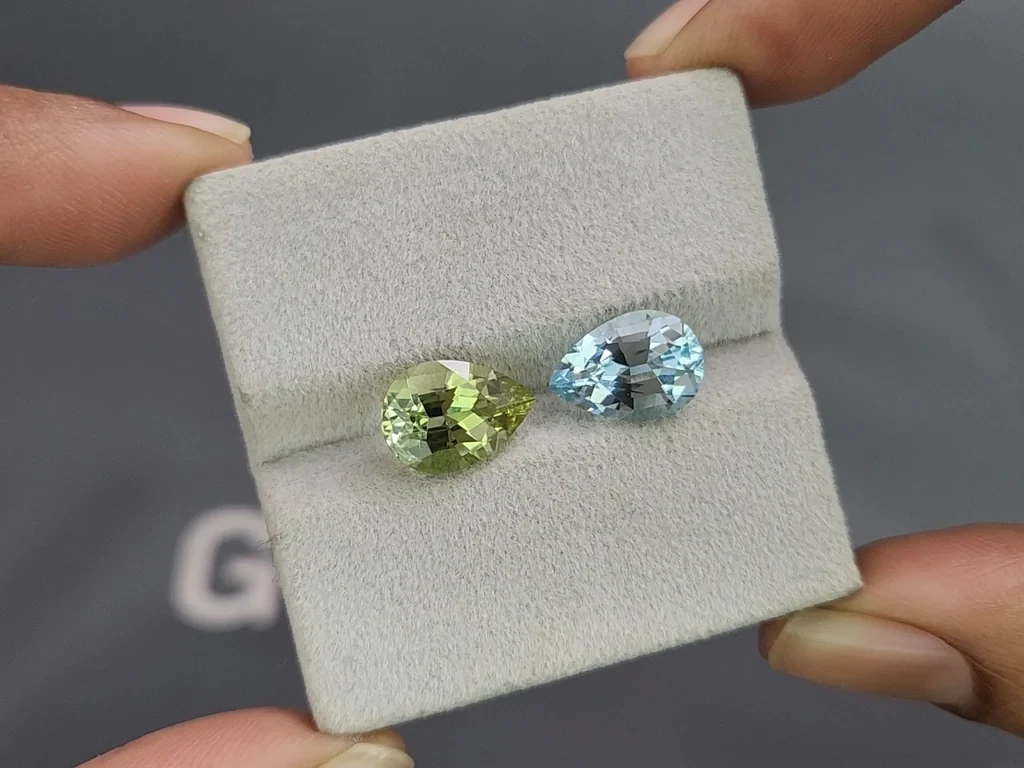 Contrasting pair of aquamarine and heliodor pear cut 5.14 carats, Mozambique 4