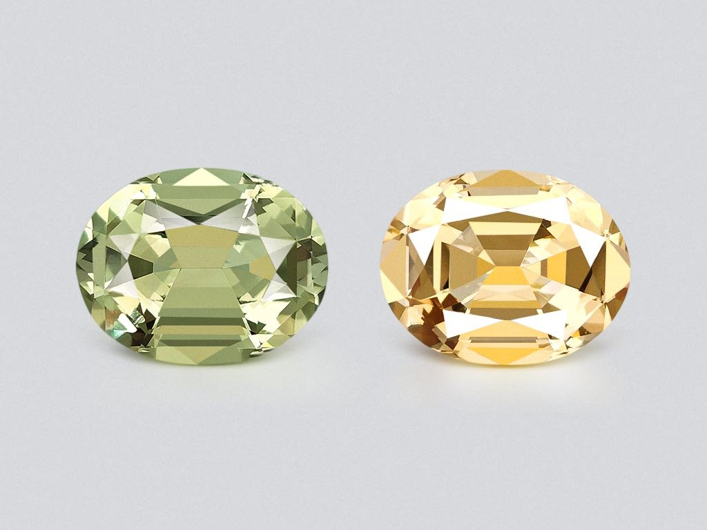 Contrasting pair of yellow citrine and prasiolite (green quartz) in a precision oval cut 19.40 carats, Africa