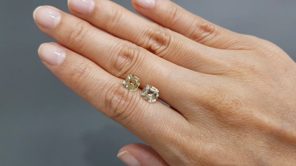 Pair of greenish-yellow cushion cut beryls 2.33 carats, Nigeria 2