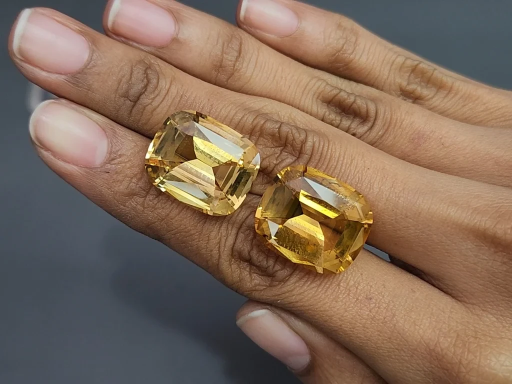 Pair of large citrines precision cut cushion 34.26 carats, Africa 2