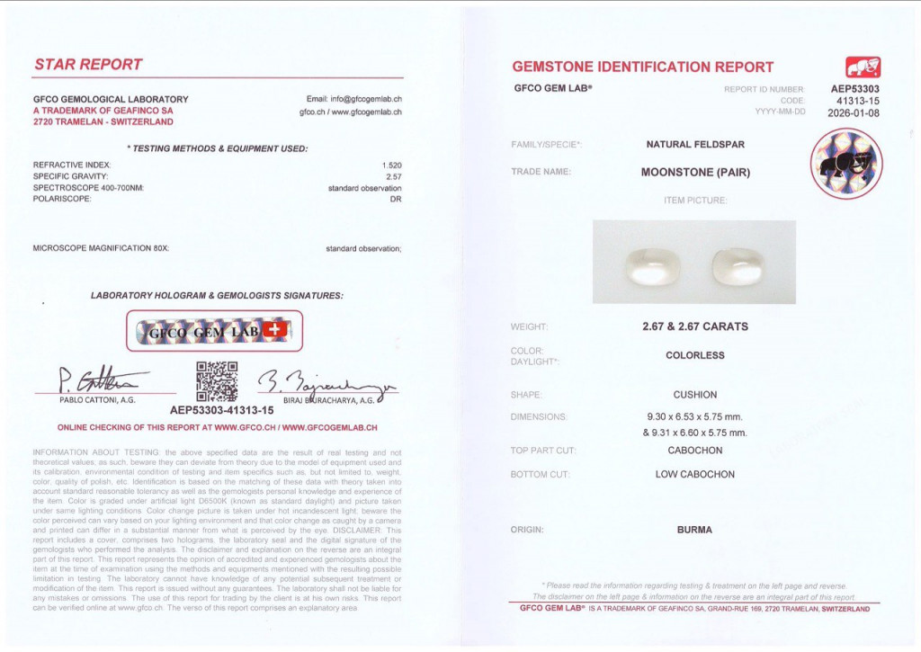 Pair of moonstones cabochon cut 5.34 carats, Burma 5