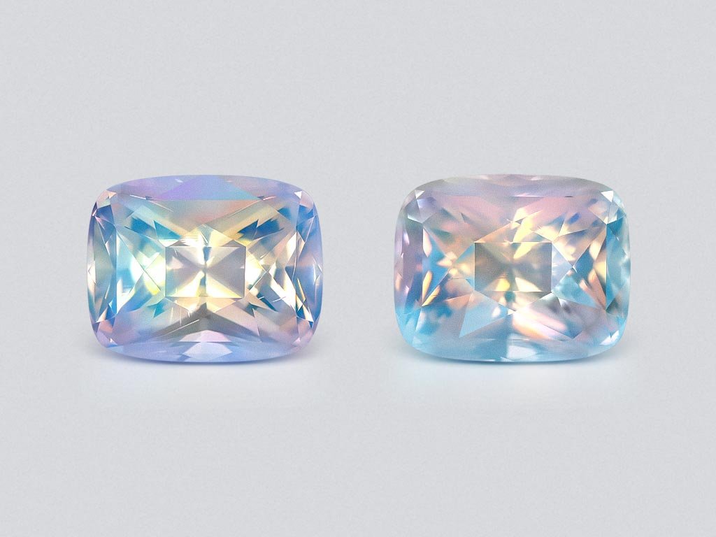 Pair of rainbow moonstones in faceted cushion cut 8.00 carats, Madagascar