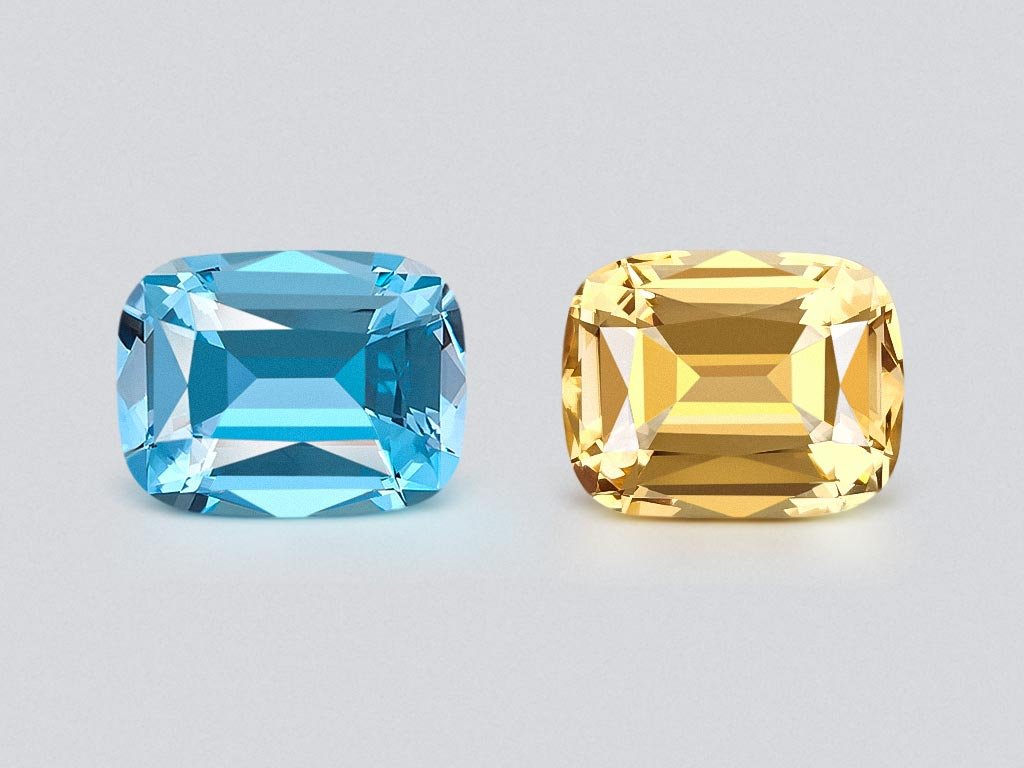 Pair of yellow citrine and Sky blue topaz in high precision cushion cut 24.88 carats