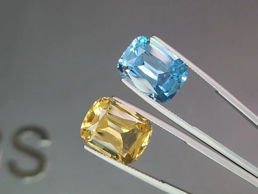 Pair of yellow citrine and Sky blue topaz in high precision cushion cut 24.88 carats 3