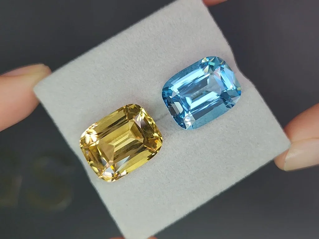 Pair of yellow citrine and Sky blue topaz in high precision cushion cut 24.88 carats 4