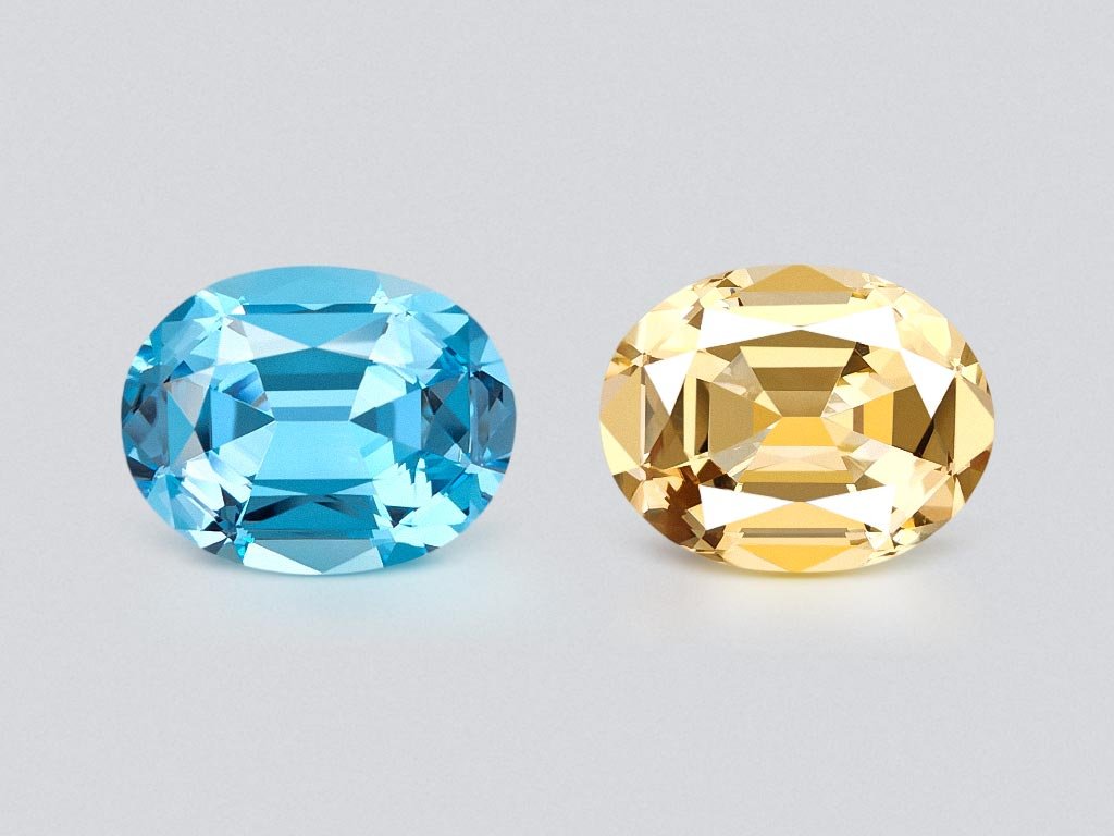 Pair of yellow citrine and sky blue topaz in high precision  cut oval 20.60 carats